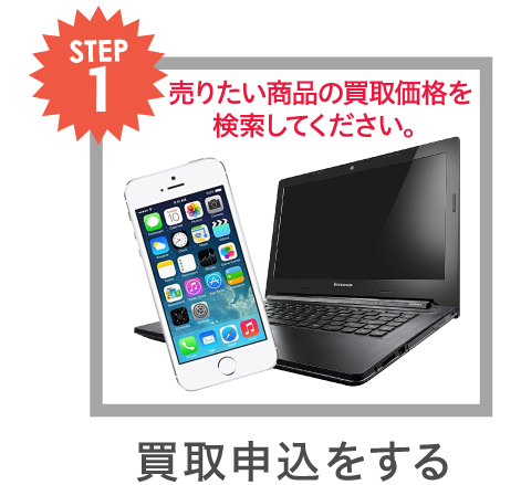 STEP1 売りたい商品の買取価格を検索してください。　買取申込をする